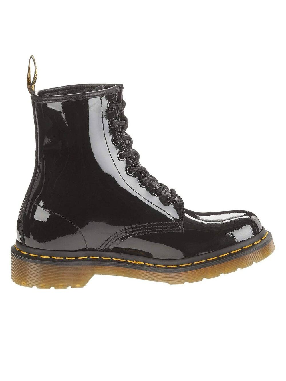 Dr, Martens Black Patent Leather 1460 Lamper Boots Yellow Stitching Size 10 NWOT